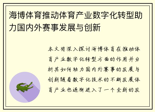 海博体育推动体育产业数字化转型助力国内外赛事发展与创新
